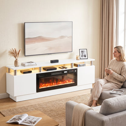 178cm Electric Fireplace TV Stand | Floating-Effect Top, LED Shelf & 2 Cabinets | 900/1800W, 12 Flame Colours, Remote & Timer | White