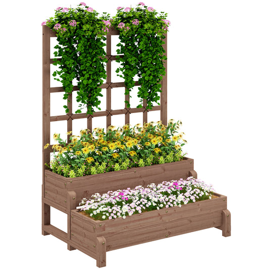 2-Tier Raised Bed with Trellis, Wooden Elevated Planter Box, Outdoor Raised Planter for Climbing Plants, Fruits, Vegetables, Flowers, Brown