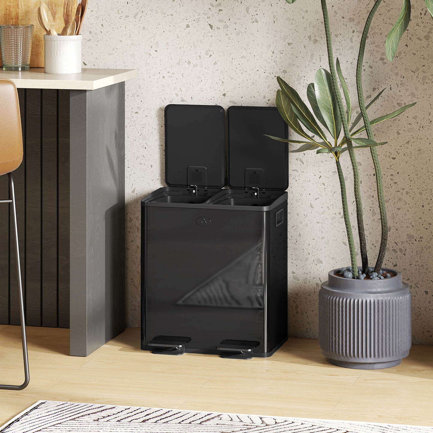 40L 2 x 20 Litre Dual Compartment Stainless Steel Bin, with Deodoriser Holders - Glossy Black