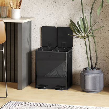 40L 2 x 20 Litre Dual Compartment Stainless Steel Bin, with Deodoriser Holders - Glossy Black