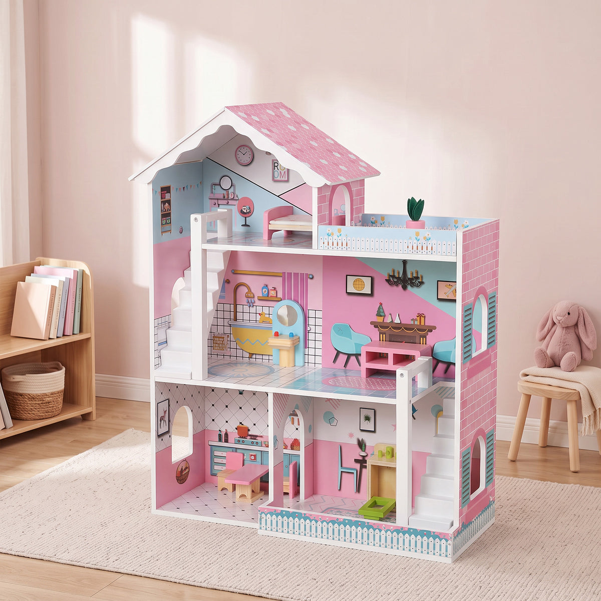 Kids Large 3-Storey Dolls House | 10 Accessories Included | Fits Dolls Up to 20cm | Detailed Rooms & Balcony | MDF | Smooth Edges | STEM-Inspired Pretend Play | 60.5x24x72.5cm | Ages 3–6 | Pink