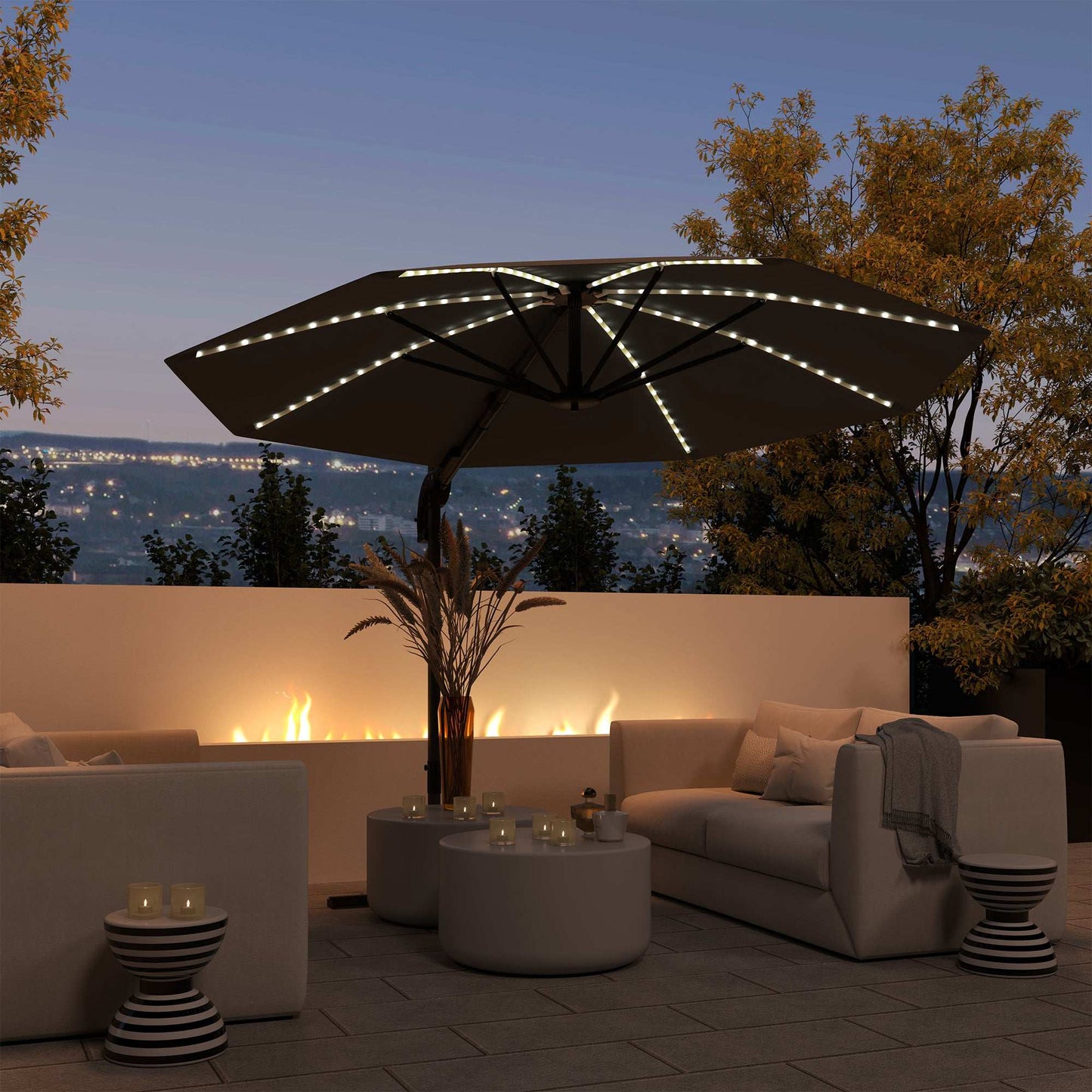 Outsunny 3(m) Cantilever Garden Parasol with Solar Powered Lights, Crank Handle & Cross Base, UPF 50+, 360° Rotation, Dark Grey