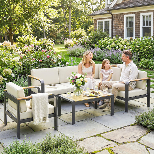 Aluminium Garden Corner Sofa Set | L-Shaped Sofa, Armchair & Table | 12cm Olefin Cushions | Beige