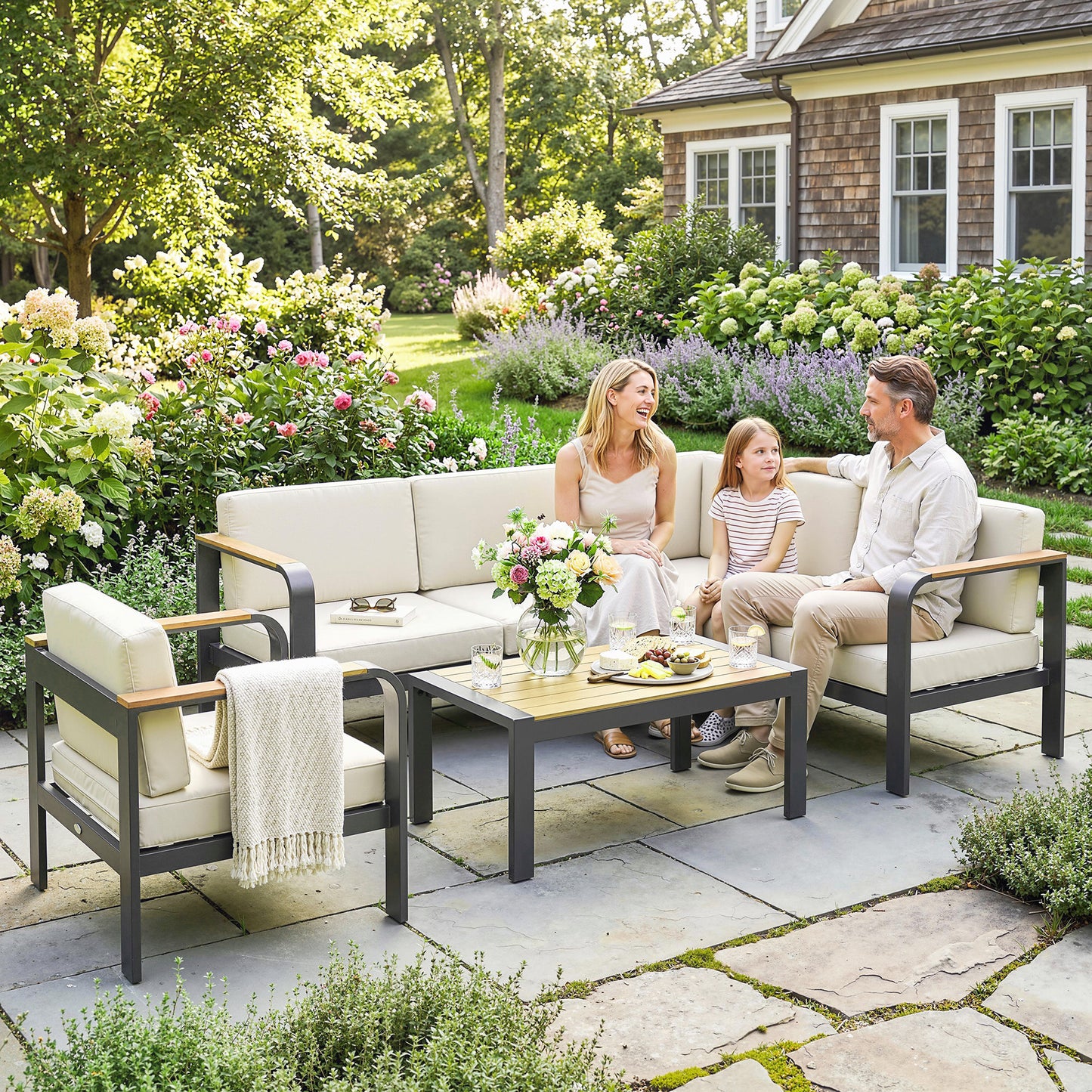 Aluminium Garden Corner Sofa Set | L-Shaped Sofa, Armchair & Table | 12cm Olefin Cushions | Beige