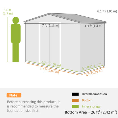 Galvanised Steel Garden Tool Storage Shed | Double Sliding Lockable Door | 4 Vents | Sloped Roof | Foundation Kit Included | 213x130x185cm | Light Grey