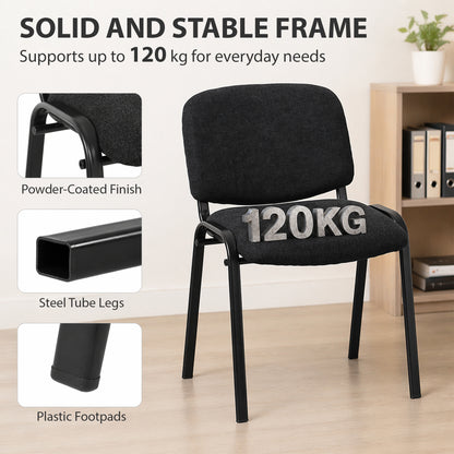 Stackable Office Reception Chairs Set of 4 | Black Padded Meeting Chairs | Steel Frame | 120kg Capacity