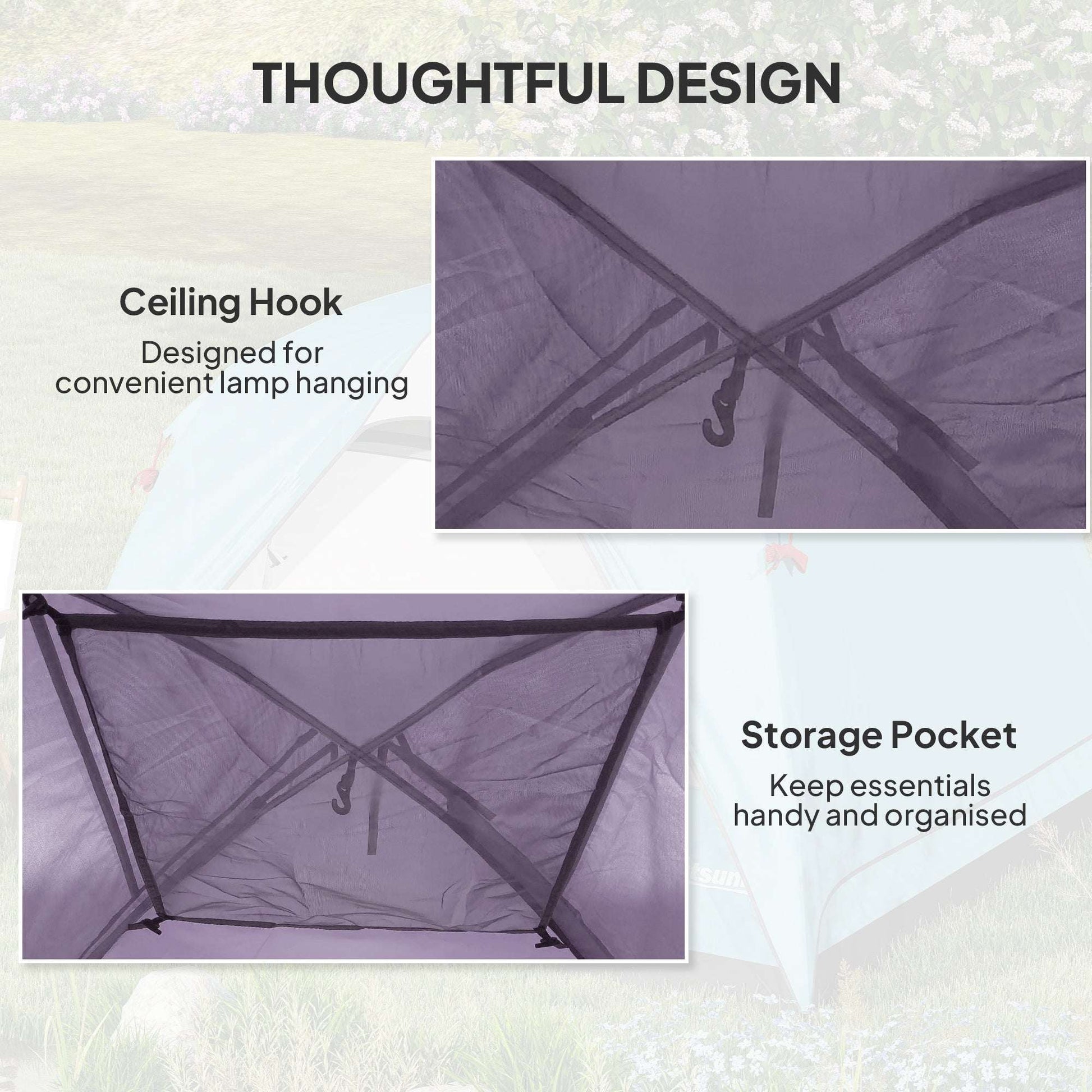 3-4 Person Dome Camping Tent | Sewn-In PE Groundsheet | 3000mm Waterproof | 3-Sided Mesh Windows | Ceiling Hook | Windproof Level 6 | Carrying Bag | 2x2x1.35m | Purple & Grey