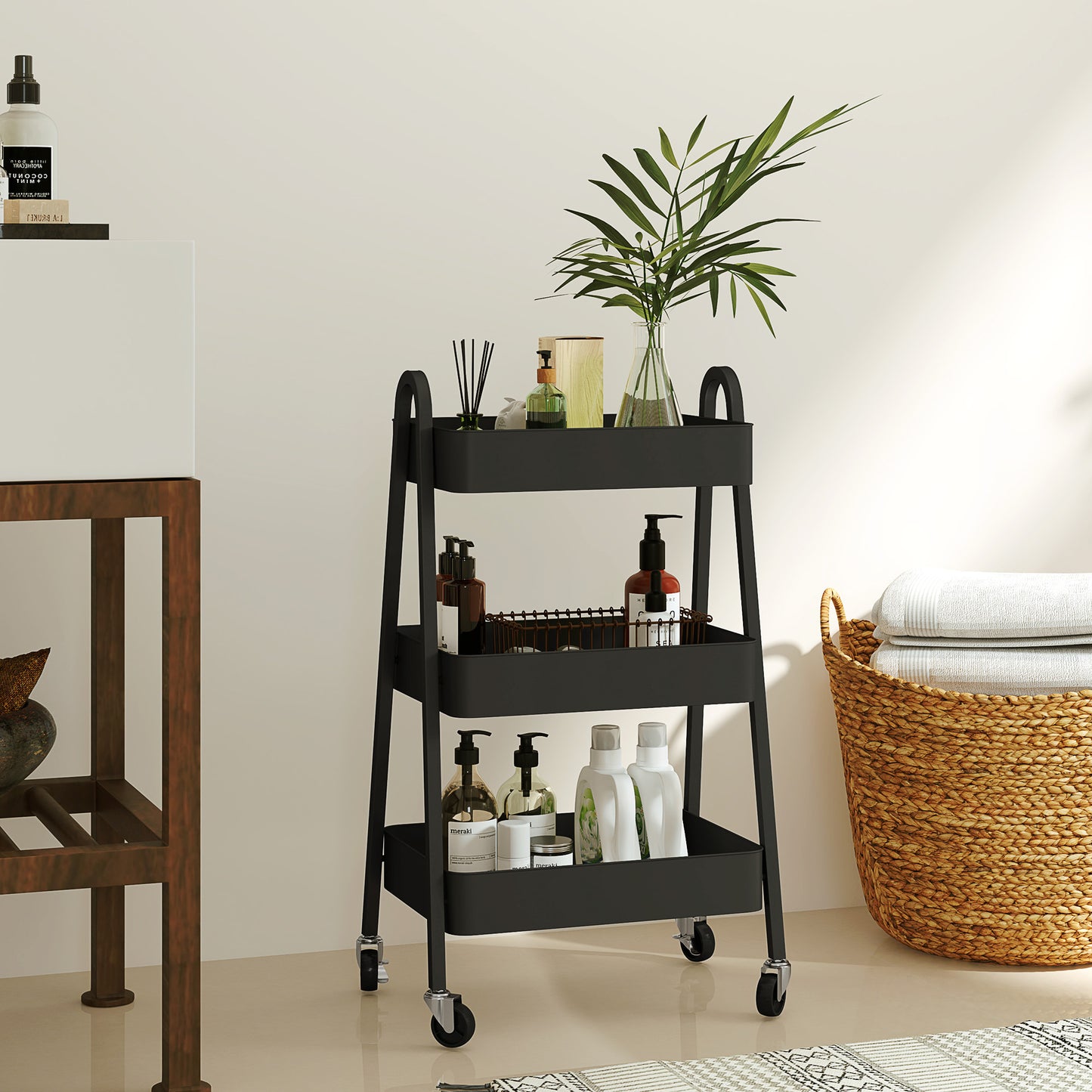 3-Tier Storage Trolley on Wheels - Black