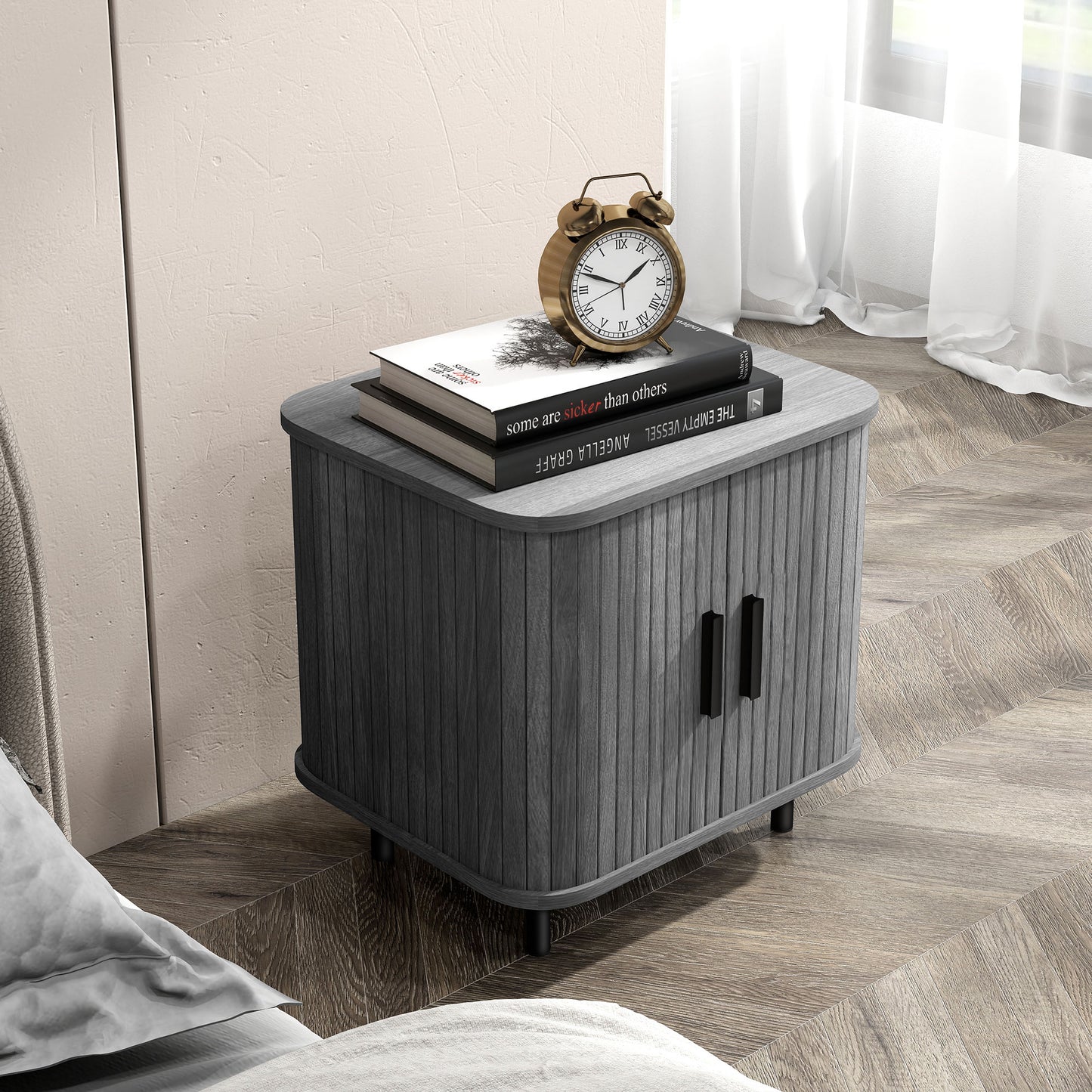 Nordic Bedside Table | Roller Shutter Sliding Doors | 2-Tier Storage | Melamine Surface | Steel Legs | 90kg | 48x40x48cm | Grey