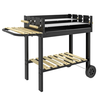 Charcoal BBQ Grill, Barbecue Trolley with Double Adjustable Grill, Side Table, Storage Shelf and Wheels for Outdoor Garden Party Cooking
