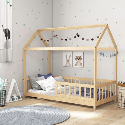 House-Shaped Kids Bed Frame with Guard Rails, Solid Pine Wood Single Bed Frame for Kids Boys and Girls, Natural