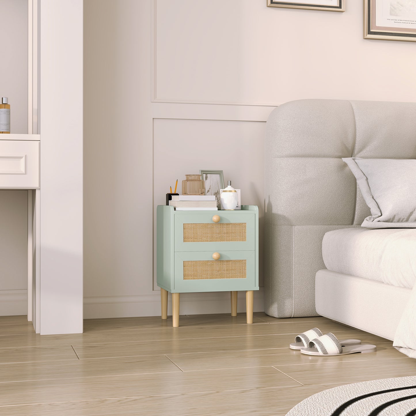 Bedroom Chest of Drawers, Boho Rattan Dresser with 2 Drawers, Storage Cabinet for Living Room, Hallway, Entryway