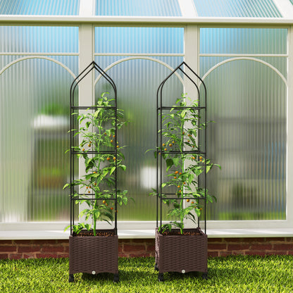 Raised Garden Bed with Adjustable Trellis & Tomato Cage | 4 Lockable Wheels | Bottom Water Tank | 4 Drainage Holes | 40L | Weather-Resistant PP | 40x40x182cm | 20kg | Brown