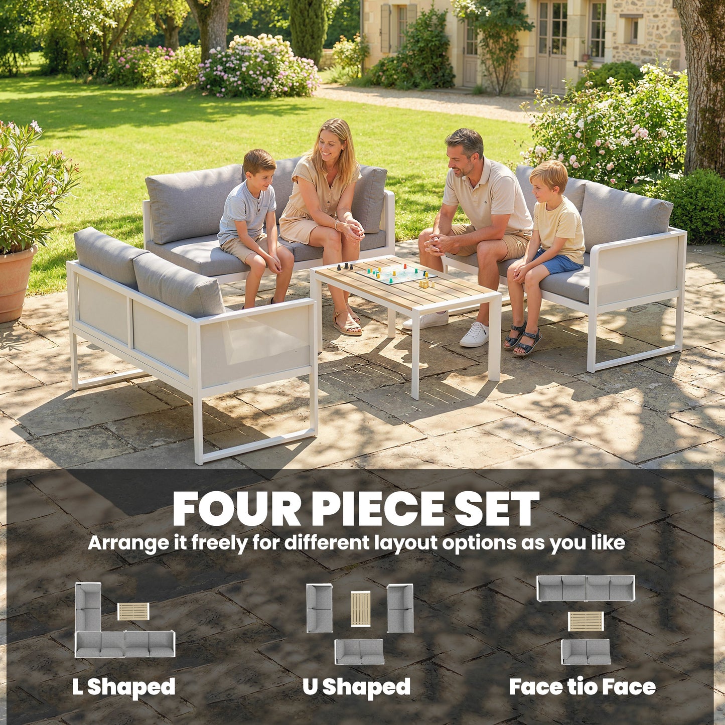 6-Seater Modular Garden Sofa Set | 3 Loveseats | Texteline Seating | Wood-Effect Slatted Coffee Table | Powder-Coated Metal Frame | 200gsm Cushions | 8cm Seat & 10cm Back | Washable Covers | 240kg | White