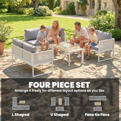 6-Seater Modular Garden Sofa Set | 3 Loveseats | Texteline Seating | Wood-Effect Slatted Coffee Table | Powder-Coated Metal Frame | 200gsm Cushions | 8cm Seat & 10cm Back | Washable Covers | 240kg | White