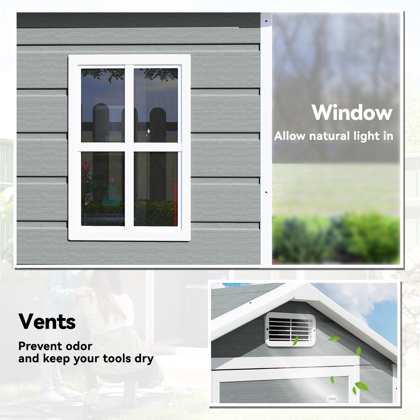 Compact PP & Aluminium Garden Storage Shed with Floor | Apex Roof | Latch Lock & Keys | Side Window | Vent | UV-Resistant | 40kg/m² Snow Rating | 128x104x196cm | Light Grey & White