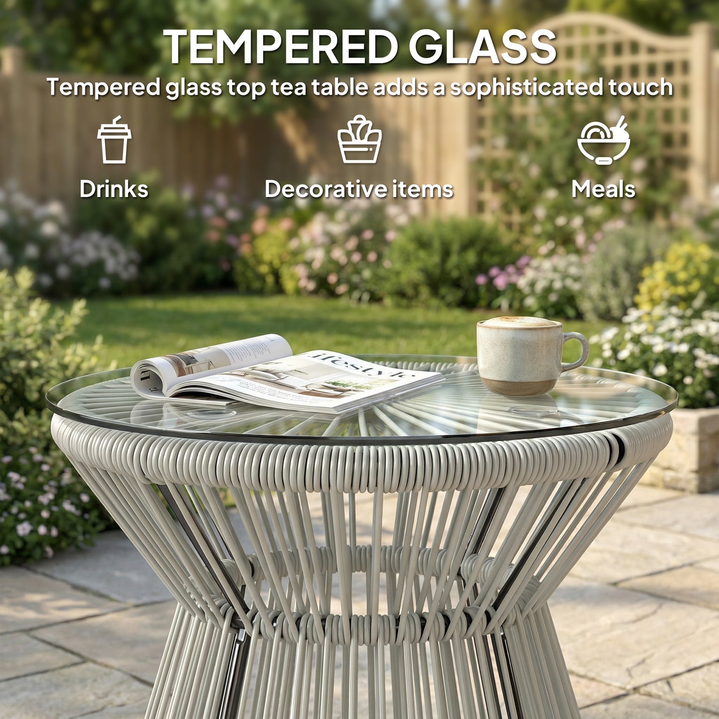 Rattan Bistro Side Table | PE Wicker String Design | 5mm Tempered Glass Top | Dia 40x42cm | Powder Coated Steel | 30kg | No Assembly | Light Grey