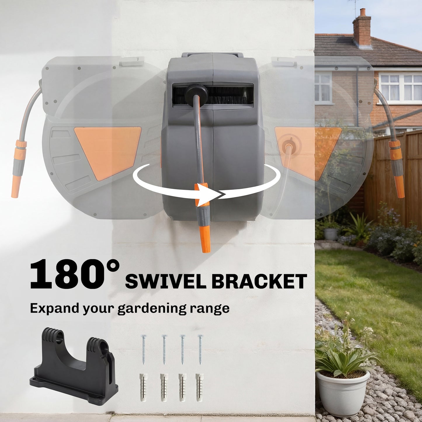 Wall Mounted Retractable Garden Hose Reel | 40+2m | Auto Retract & Self-Locking | 180° Swivel Bracket | Dual Spray Modes | 8 Bar Working Pressure | 61x26x43cm | Orange