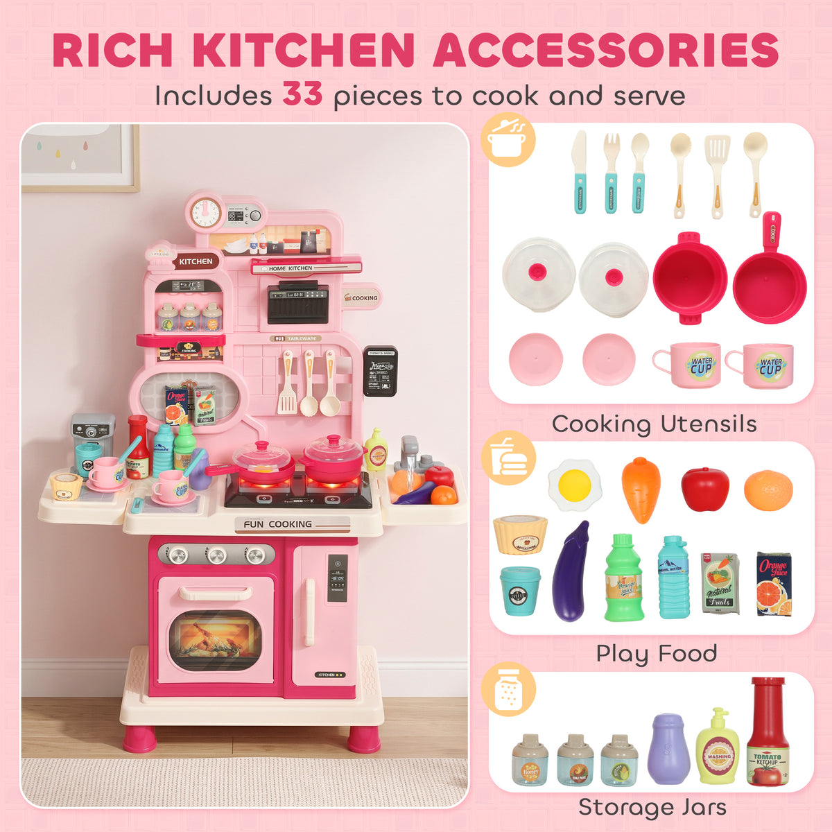 Kids Play Kitchen | Pink 33-Piece Pretend Cooking Set with Lights, Sounds & Water-Circulating Sink