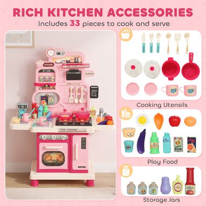 Kids Play Kitchen | Pink 33-Piece Pretend Cooking Set with Lights, Sounds & Water-Circulating Sink