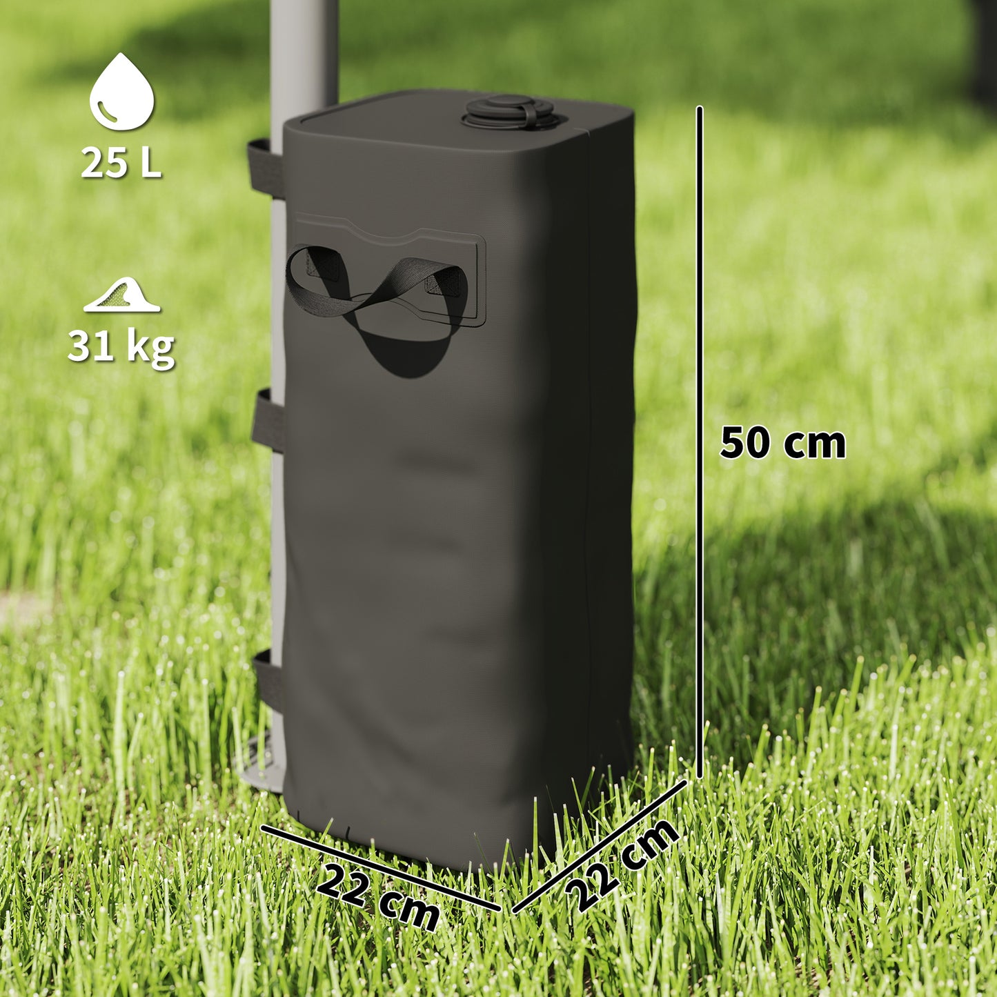 Set of 4 Heavy Duty Gazebo Weight Bags | 500D PVC | 25L Water / 31kg Sand Capacity | Wide Mouth | Adjustable Straps | Fits 25-70mm Legs | Foldable | Carry Handles | Black