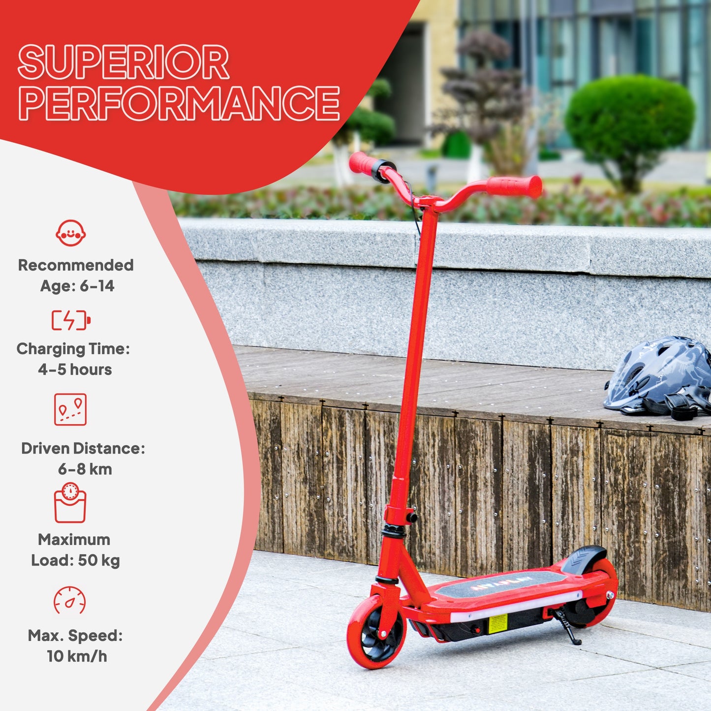 AIYAPLAY Electric Scooter for Kids Ages 6-14, with Colourful Light and Electric Brake, Kids Electric Scooter E Scooter, Up to 10 KM/H & 8 KM, Red