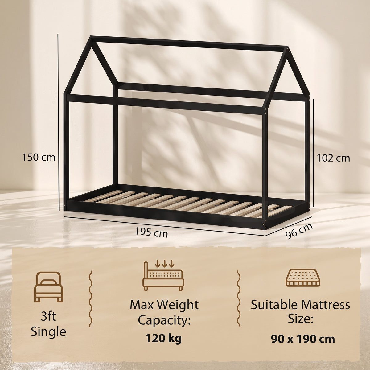 Single House Bed Frame | Pine Wood Kids Bed with Roof Frame, 15 Slats & 120 kg Capacity | 90 x 190 cm Mattress | Black