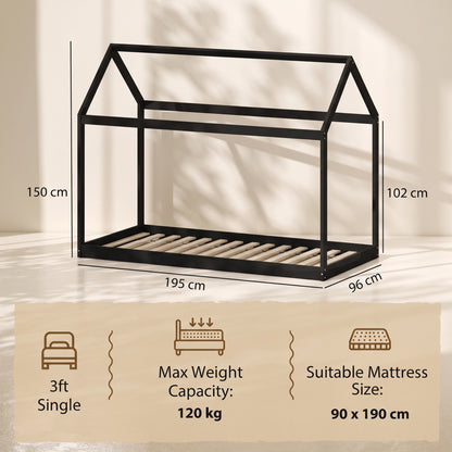 Single House Bed Frame | Pine Wood Kids Bed with Roof Frame, 15 Slats & 120 kg Capacity | 90 x 190 cm Mattress | Black