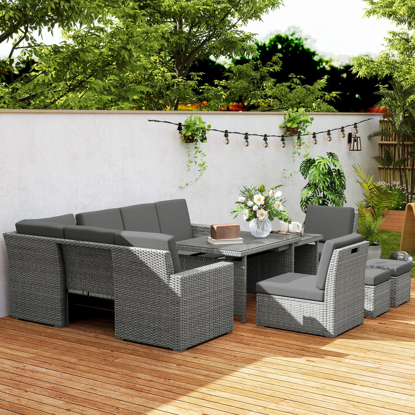 7 Piece Rattan Garden Sofa Set Seats 10 | Corner Sofa | 3 Seater Sofa | 2 Armless Chairs | Expanding Dining Table | 5mm Tempered Glass | PE Rattan & Steel Frame | Washable Cushions | Light Grey
