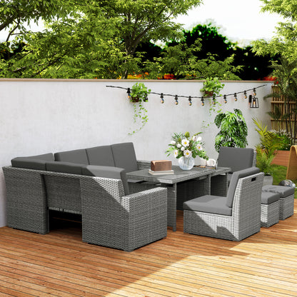 7 Piece Rattan Garden Sofa Set Seats 10 | Corner Sofa | 3 Seater Sofa | 2 Armless Chairs | Expanding Dining Table | 5mm Tempered Glass | PE Rattan & Steel Frame | Washable Cushions | Light Grey