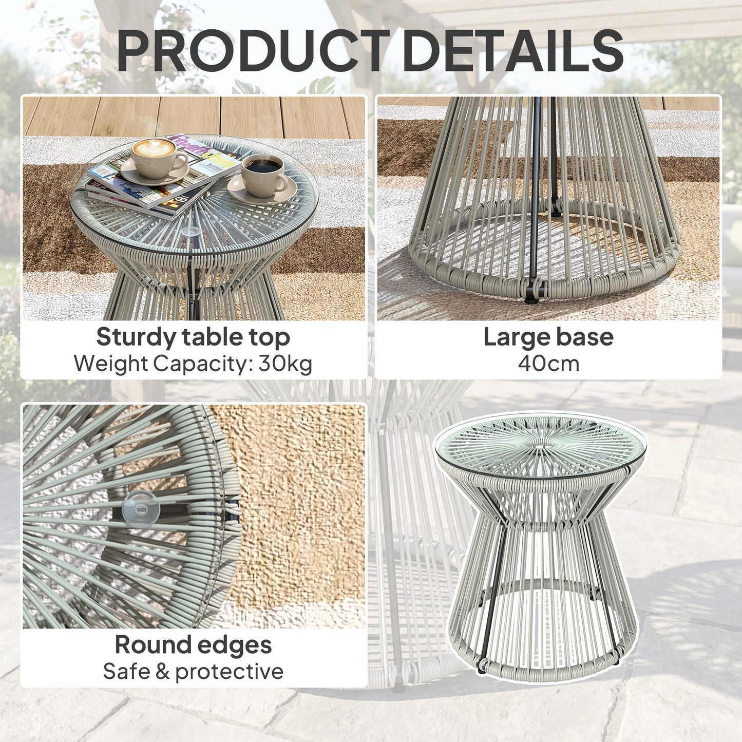 Rattan Bistro Side Table | PE Wicker String Design | 5mm Tempered Glass Top | Dia 40x42cm | Powder Coated Steel | 30kg | No Assembly | Light Grey