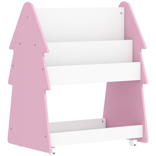 AIYAPLAY Kids Bookshelf with Toy Storage, Double-Sided Bookcase with Wheels, 3 Tier Kids Book Rack for Bedroom, Pink