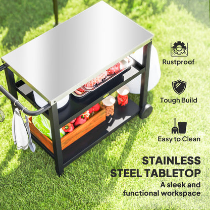 Outdoor Grill Dining Cart 3-Shelf Movable Pizza Oven Table Stand with Stainless Steel Top, Portable BBQ Trolley Food Prep Outdoor Kitchen BBQ Station