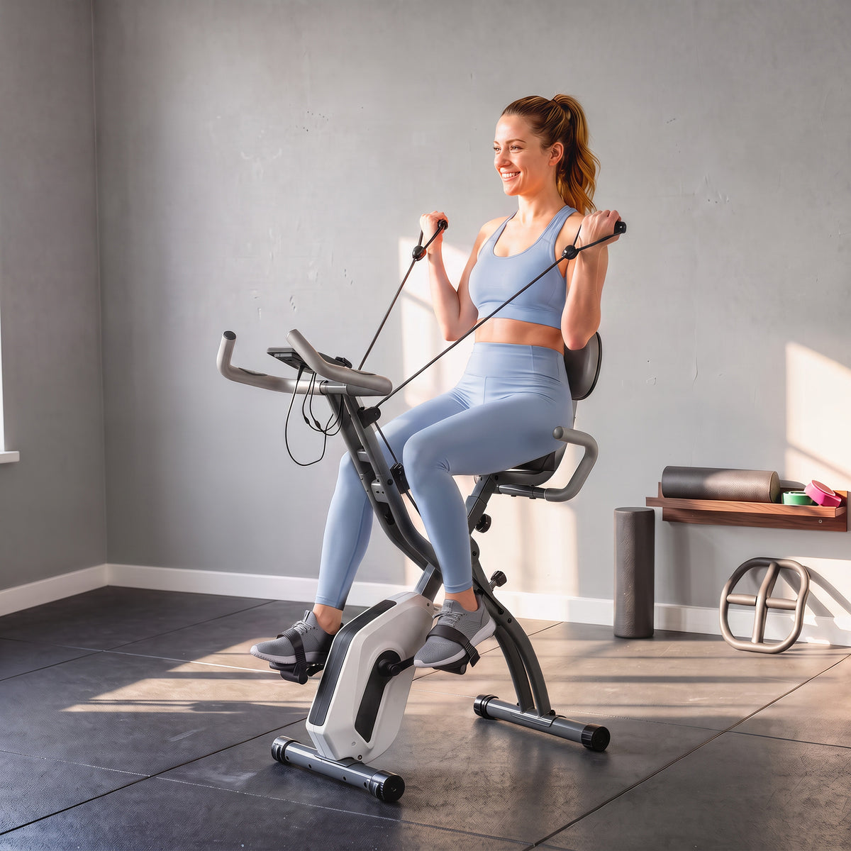 4-in-1 Folding Exercise Bike | Upright & Recumbent | Resistance Bands | Bluetooth App Compatible | 8-Level Magnetic Resistance | 40dB | LCD Display | Folds to 53.5x48x135cm | 120kg | Grey