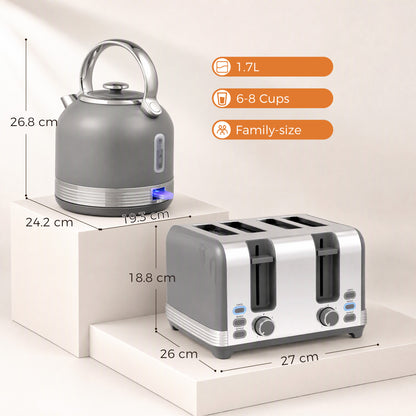 Kettle & Toaster Set | Grey Stainless Steel 1.7L 3000W Fast-Boil Kettle with 4-Slice Toaster