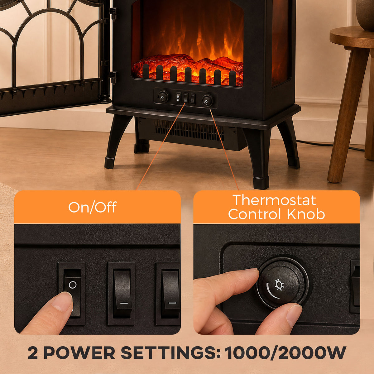 3-Sided Glass Electric Stove Fire | 1000W/2000W Fan Heater, Adjustable Flame Brightness & Thermostat | Freestanding Black | 55 × 31 × 58cm | C Rated