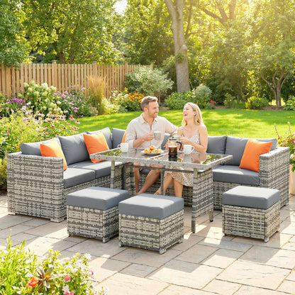 10-Piece PE Rattan Garden Furniture Set | 6 Chairs | 3 Footstools | Tempered Glass Dining Table | 10cm Zip Cushions | 4 Accent Pillows | L-Shaped Feet | 120kg Capacity | Grey & Dark Grey