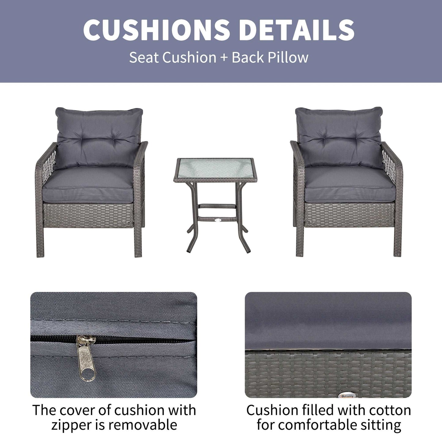 Outsunny 2 Seater Patio PE Rattan Bistro Set, Outdoor Wicker Coffee Table Armrest Chairs Conversation Furniture w/ Cushion, Grey