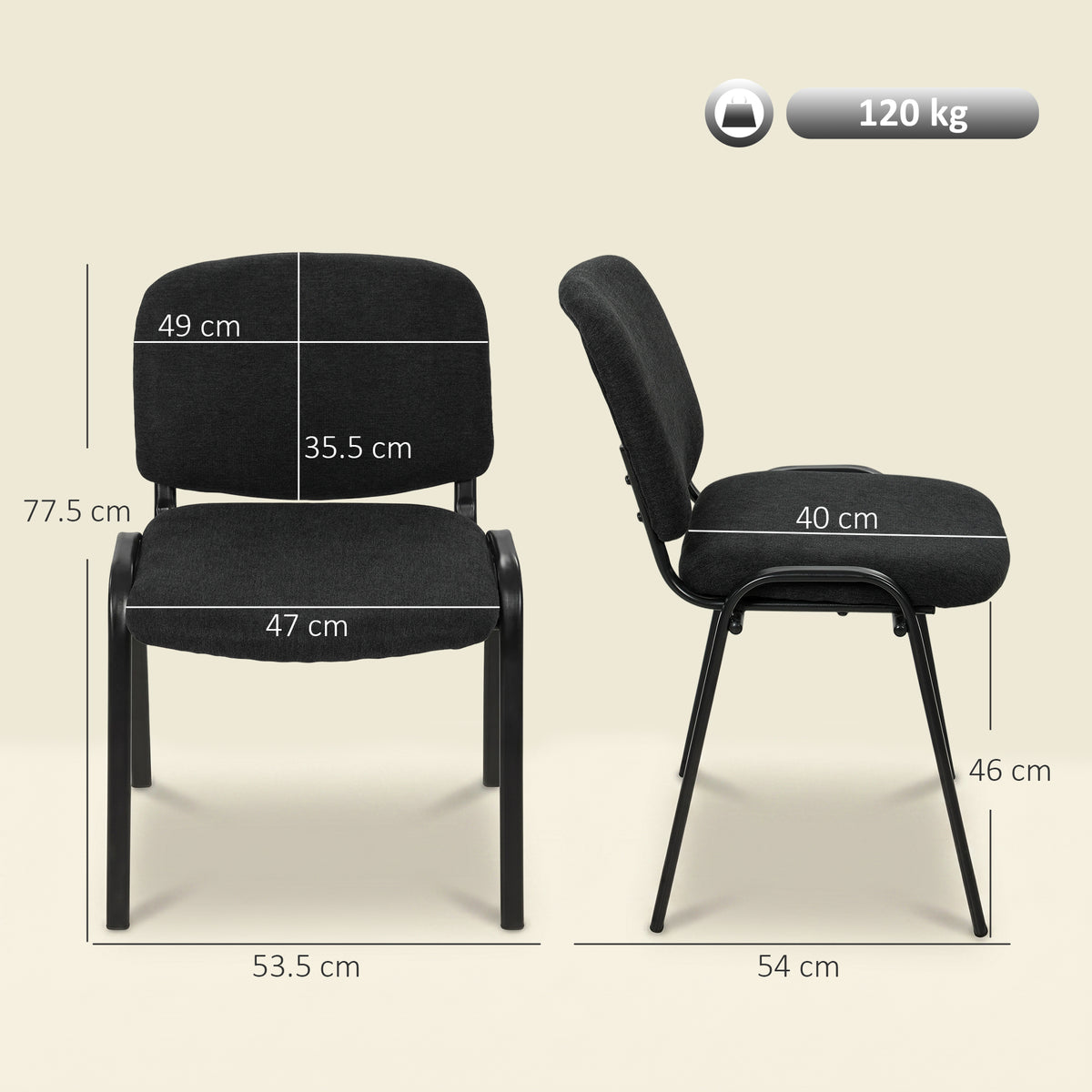 Stackable Office Reception Chairs Set of 4 | Black Padded Meeting Chairs | Steel Frame | 120kg Capacity