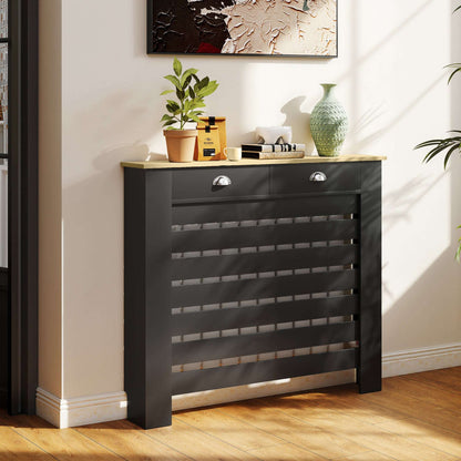 MDF & Particle Board Radiator Cover with 2 Drawers | Slatted Design | Skirting Board Cut-Outs | Easy-Fix Clips | Wood-Effect Top | 5kg Per Drawer | 111x19x95.5cm | Black