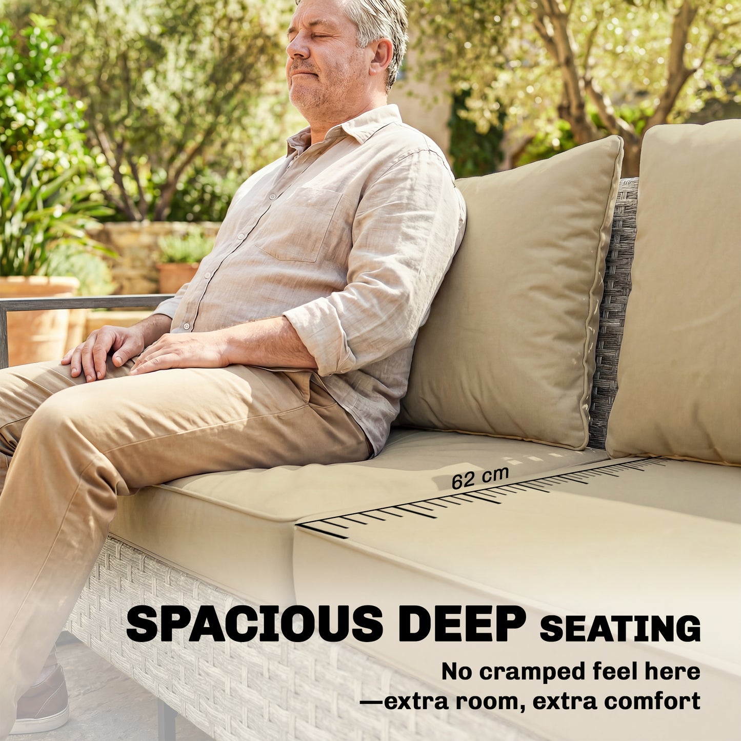 4-Piece PE Rattan Garden Sofa Set | 3-Seater Sofa | 2 Armchairs | Tempered Glass Coffee Table | Wood-Effect Aluminium Frame | 8cm Seat & 20cm Back Cushions | Non-Slip Mats | Washable Covers | Khaki
