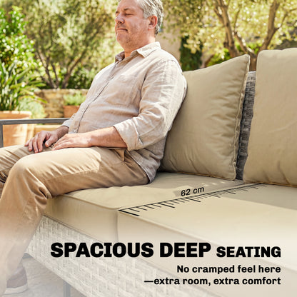 4-Piece PE Rattan Garden Sofa Set | 3-Seater Sofa | 2 Armchairs | Tempered Glass Coffee Table | Wood-Effect Aluminium Frame | 8cm Seat & 20cm Back Cushions | Non-Slip Mats | Washable Covers | Khaki