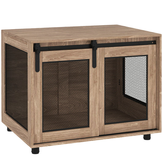 Dog Crate Furniture Side Table | Barn Door & Side Door | 3-Sided Ventilation | Medium Dogs up to 20kg | 80 x 58.5 x 63cm | Walnut Brown