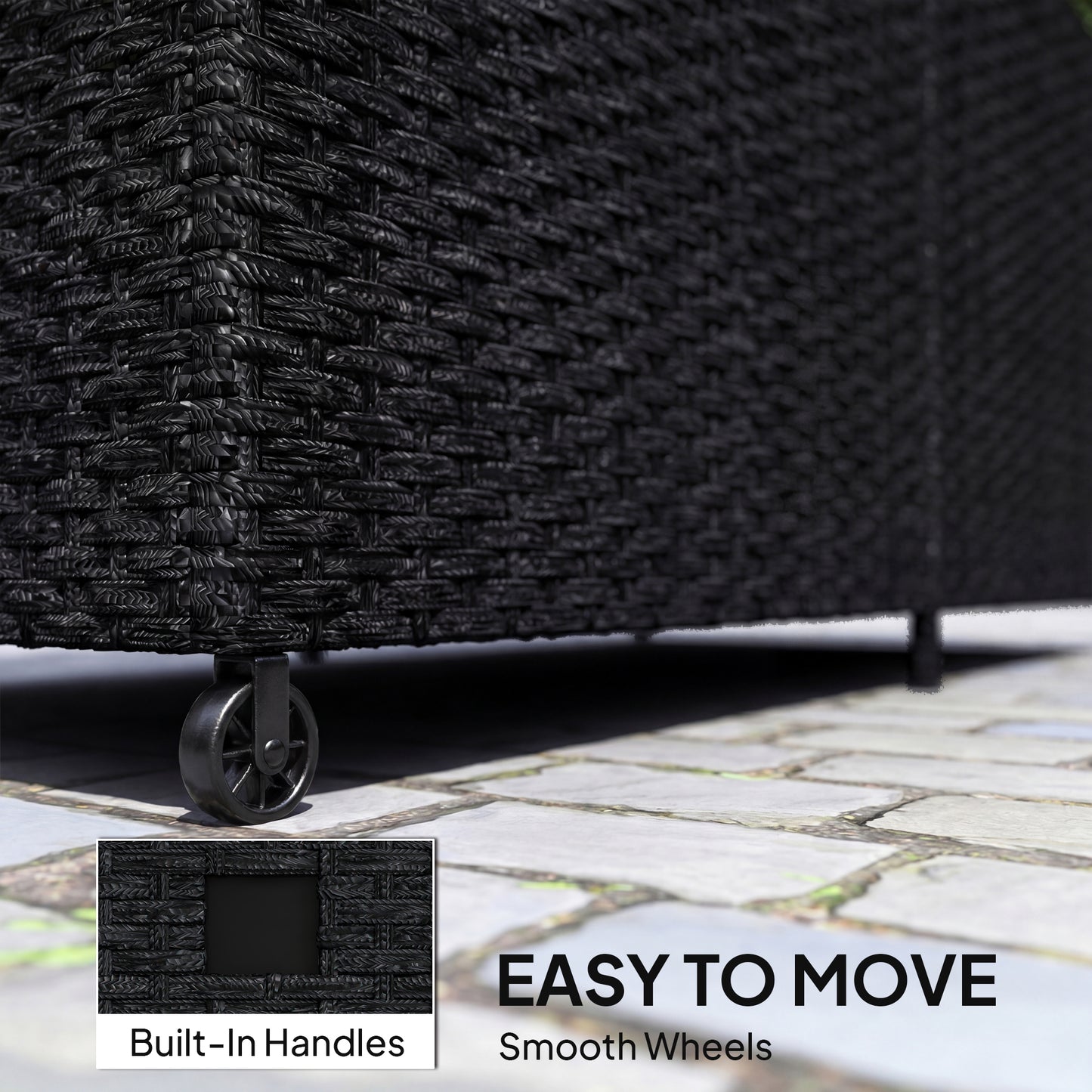 650L Rattan Garden Storage Box | 2 Wheels | Waterproof Zipped Liner | Gas-Assisted Lid | UV-Resistant PE Rattan | Powder-Coated Steel | 100kg | 150x75x74cm | Black