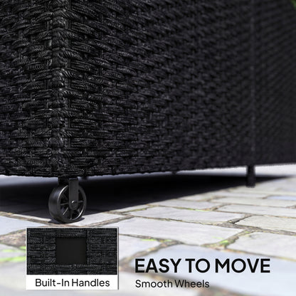 650L Rattan Garden Storage Box | 2 Wheels | Waterproof Zipped Liner | Gas-Assisted Lid | UV-Resistant PE Rattan | Powder-Coated Steel | 100kg | 150x75x74cm | Black