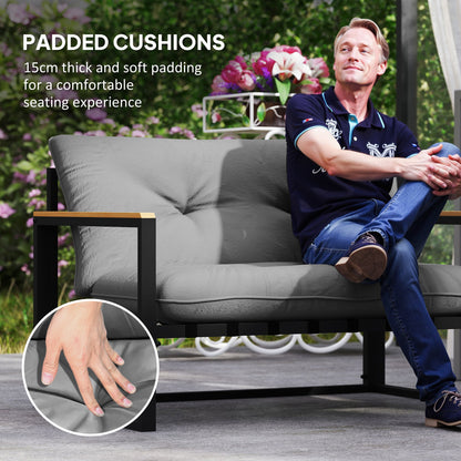 4-Piece Garden & Conservatory Furniture Set | Loveseat | 2 Armchairs | Glass Coffee Table | 15cm Cushions | Wood-Grain Armrests | 240kg | Light Grey