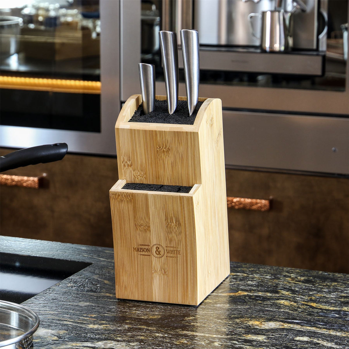 Maison & White Universal Bamboo Knife Block | Two-Tier Countertop Knife Holder | Removable Fibre Rod Inserts | Natural Bamboo Storage