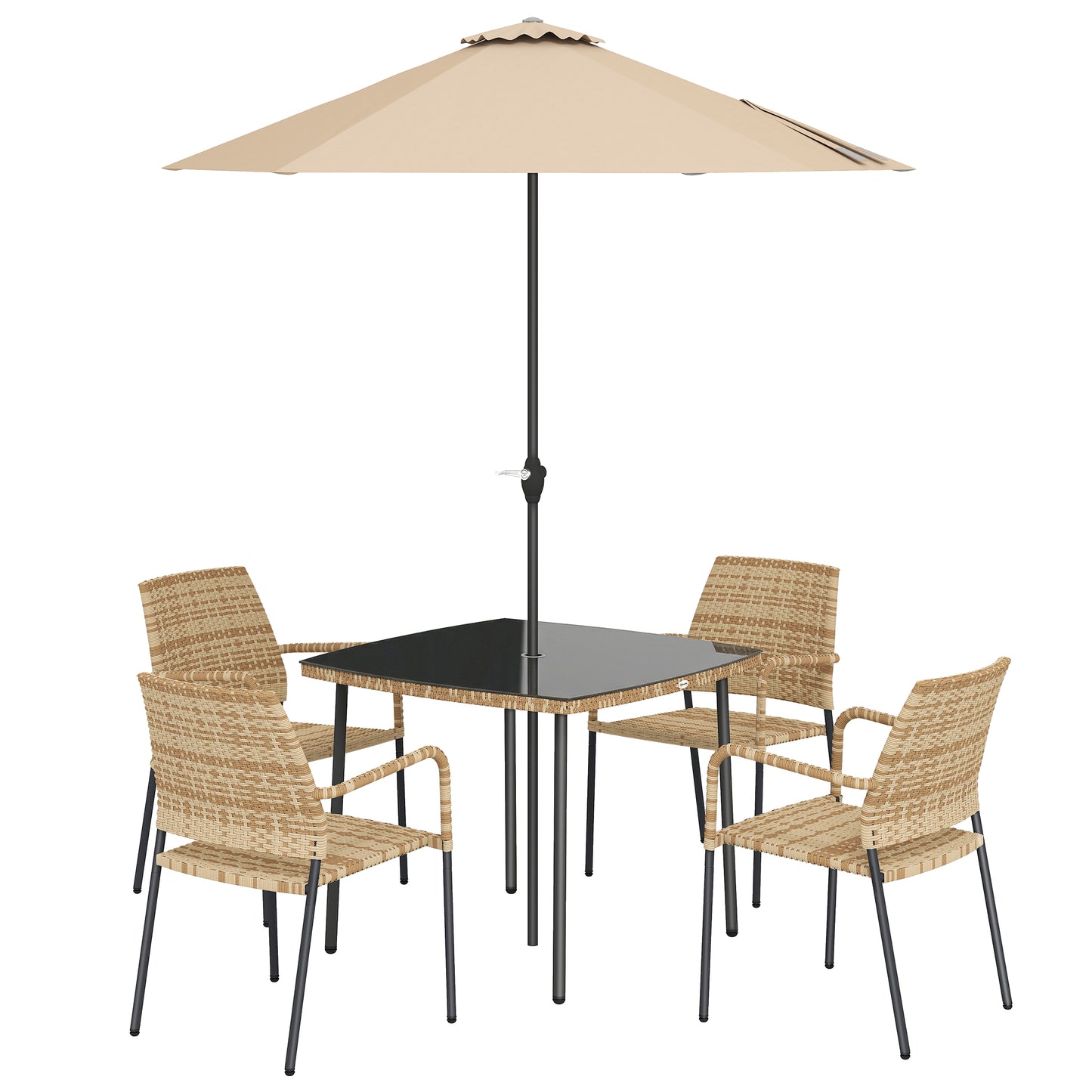 6-Piece 4-Seater Rattan Garden Dining Set | Parasol | Tempered Glass Table | Stackable Chairs | 120kg | Brown