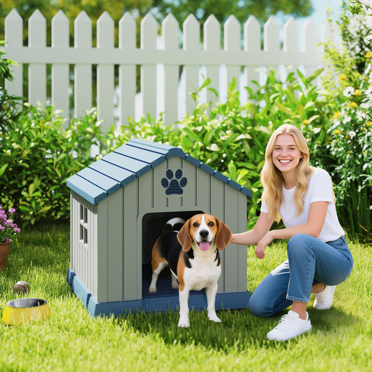 PawHut Dog Kennel Outdoor for Medium Dogs, Waterproof Plastic Dog House for Garden, Patio, 85 x 79 x 82 cm, Grey