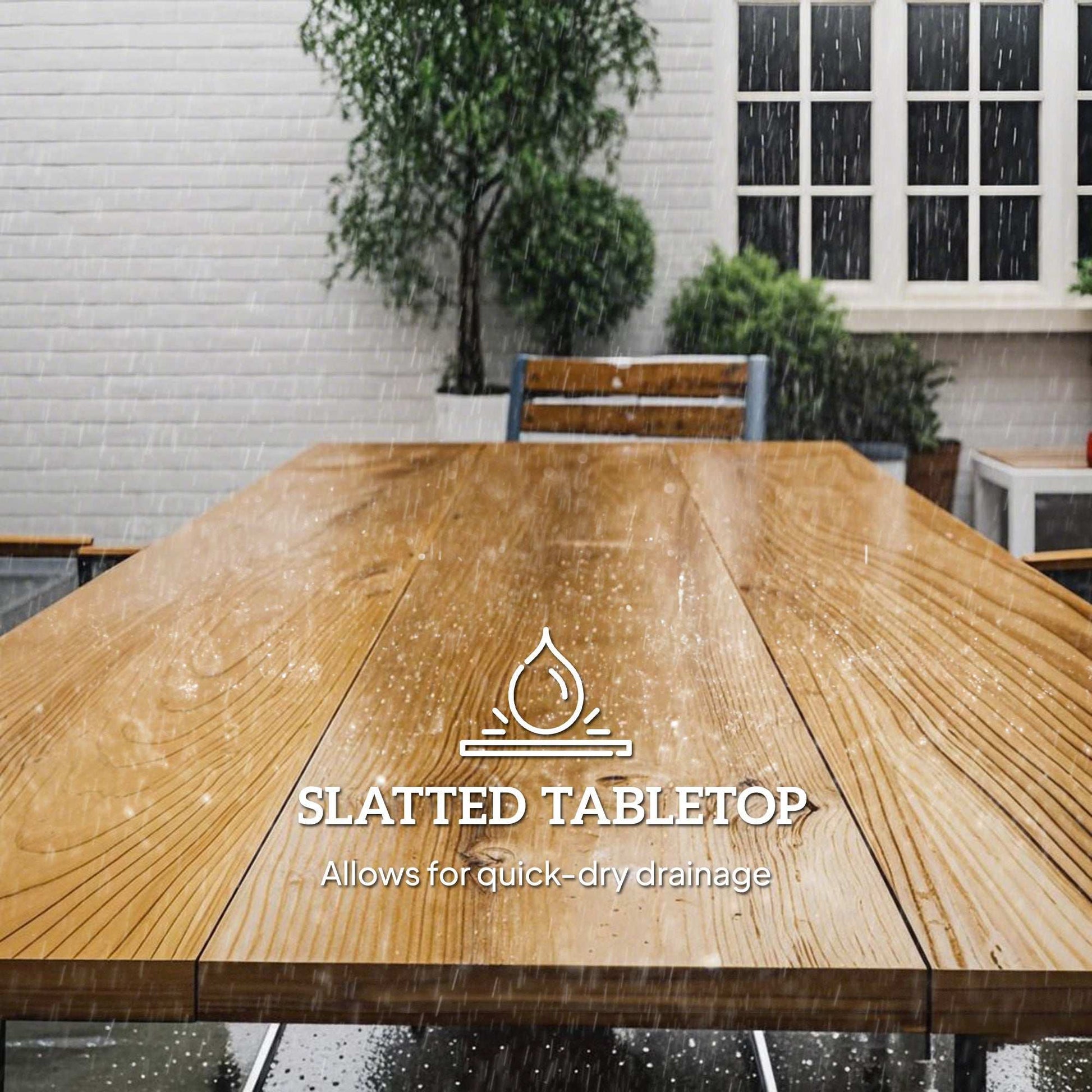 7 Piece Garden Dining Set, Fir Wood Garden Furniture Set with Rectangle Table and 6 Stackable Chairs, Umbrella Hole, Slatted Top - Brown